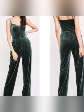 Abercrombie & Fitch Green Velvet Jumpsuit Womens XS Wide Leg Bow Sweetheart